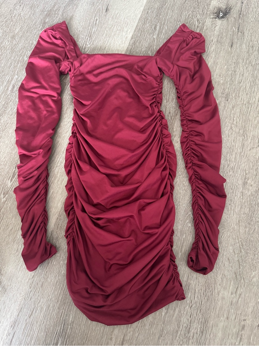Oh Polly Ruched Long-Sleeve Bodycon Dress in Burgundy (0)